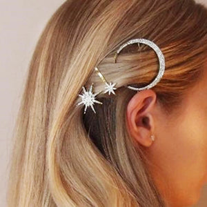 Rhinestone Star Moon Hair Clips Antique Silver Bang Barrettes Hairpins
