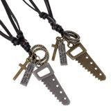 Rock Men Leather Necklace Vintage Saw Cross Pendants Statement Long Rope Chain
