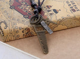 Rock Men Leather Necklace Vintage Saw Cross Pendants Statement Long Rope Chain