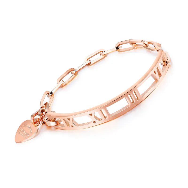 Roman Numeral Heart Pendant Steel Bangle Bracelet Women Gift