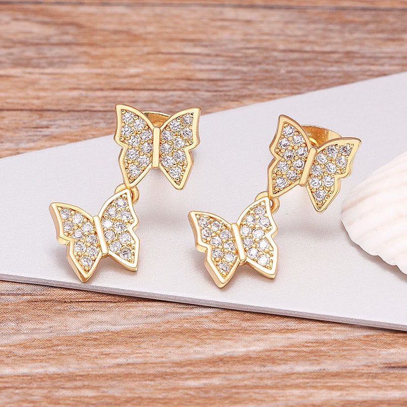Double Butterfly Crystal CZ Drop Earrings for Women