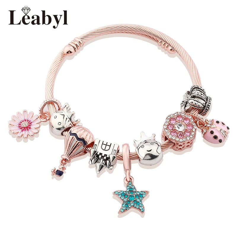 Rose Daisy Flower Ladybug Pendant Bracelet DIY Hot Air Balloon Five Star Charm