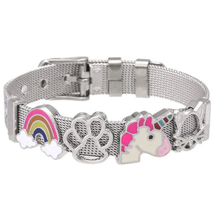 Rose SS Mesh Bracelet Set Heart Lock Charm Bangle for Woman