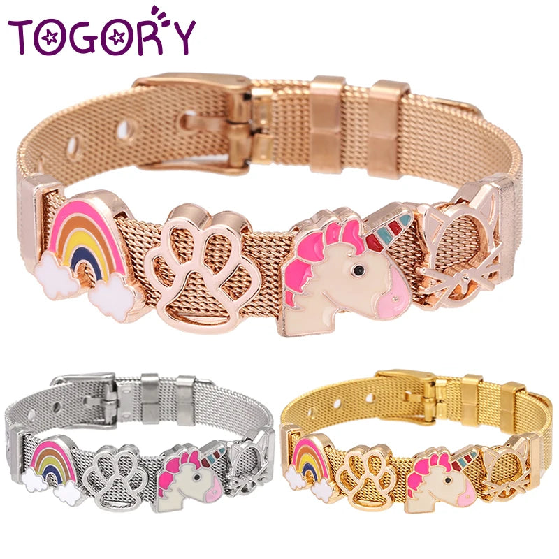 Rose SS Mesh Bracelet Set Heart Lock Charm Bangle for Woman