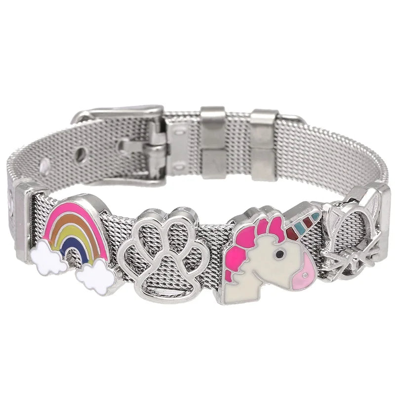Rose SS Mesh Bracelet Set Heart Lock Charm Bangle for Woman