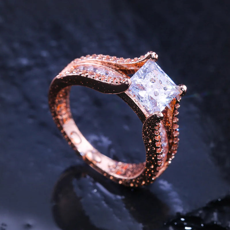 Rose Wedding Finger Ring With Clear Square Crystal Stone Geometric