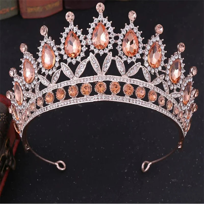 Rose Peach Crystal Rhinestone Wedding Hair Accessories Tiara Crown