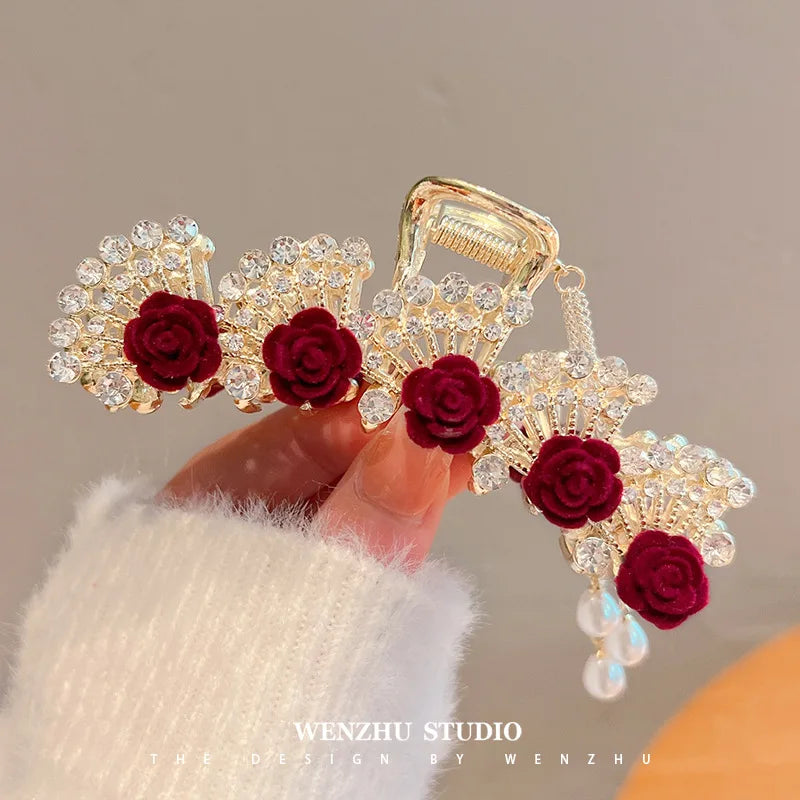 Rose Tassel Hair Claws Crystal Hair Clip for Girls
