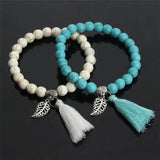 Stone Beads Bracelet with Metal Leaf Pendant Tassel Charm