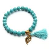 Stone Beads Bracelet with Metal Leaf Pendant Tassel Charm