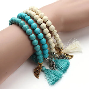 Stone Beads Bracelet with Metal Leaf Pendant Tassel Charm