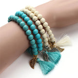 Stone Beads Bracelet with Metal Leaf Pendant Tassel Charm