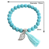 Stone Beads Bracelet with Metal Leaf Pendant Tassel Charm