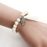 Stone Beads Bracelet with Metal Leaf Pendant Tassel Charm