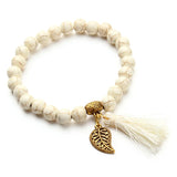 Stone Beads Bracelet with Metal Leaf Pendant Tassel Charm