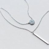 S925 Silver Double Long Charm Pendant Necklace Crystal Romantic Style
