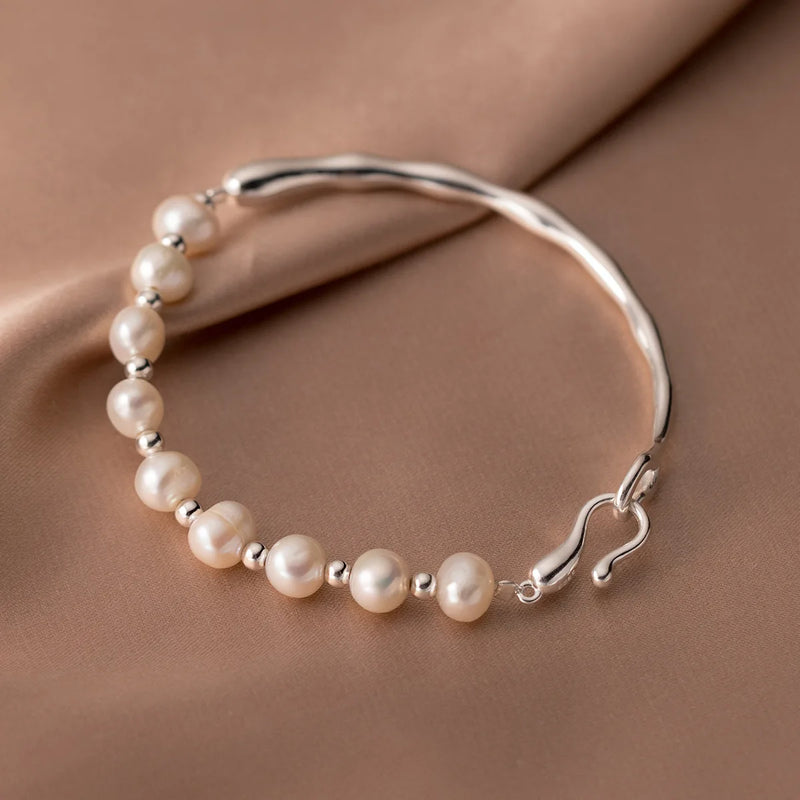 Wave Pattern Sterling Silver Pearl Bracelet for Women