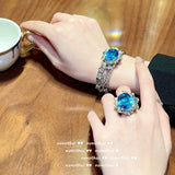 Sea Simulation Topaz Gemstone Jewelry Set 925 Silver Two Tone Vintage