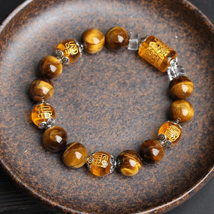 Natural Tigereye Three Sides Mammon Hand String of Beads Bracelet Plutus