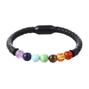 Rainbow Bead Leather Bracelet Stainless Steel Clasp