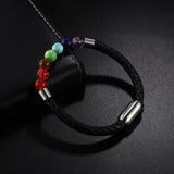 Rainbow Bead Leather Bracelet Stainless Steel Clasp