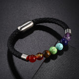 Rainbow Bead Leather Bracelet Stainless Steel Clasp