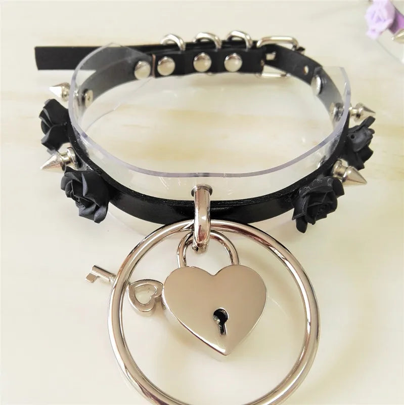Sexy Harajuku punk Leather Choker Necklace Flower O-Round Rivets Lock Collar