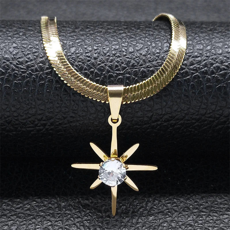 Crystal Star Pendant Necklace Women Stainless Steel Snake Chain Clavicle Jewelry