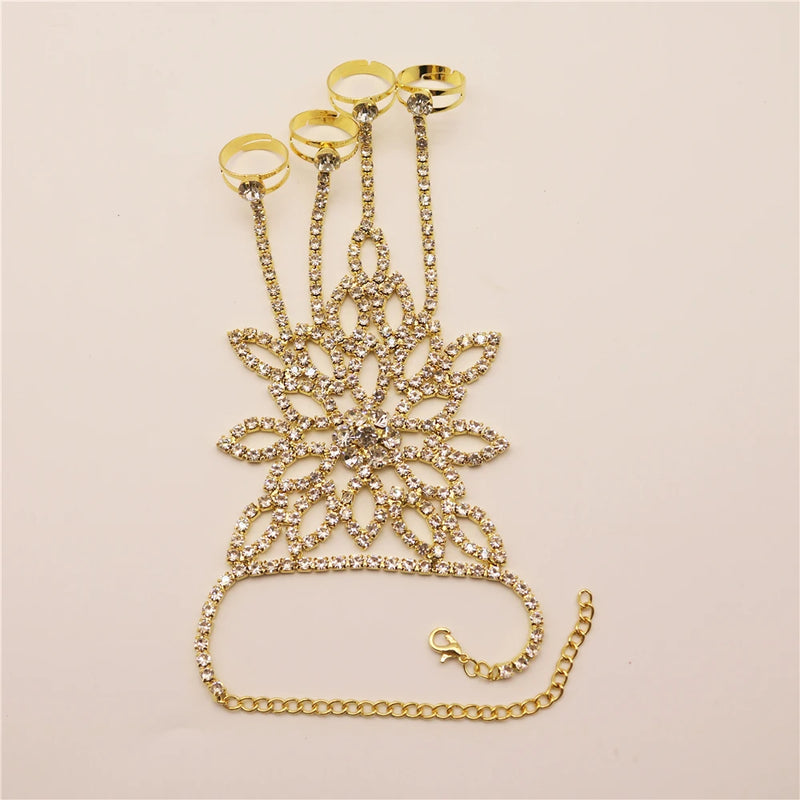 Rhinestone Sling Bracelet Finger Chain Bridal Wedding Bohemian Jewelry