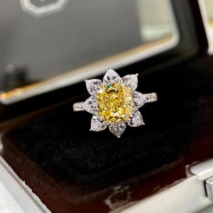 Yellow Cubic Zirconia Sun Flower Finger Ring Silver Wedding Bands Ring