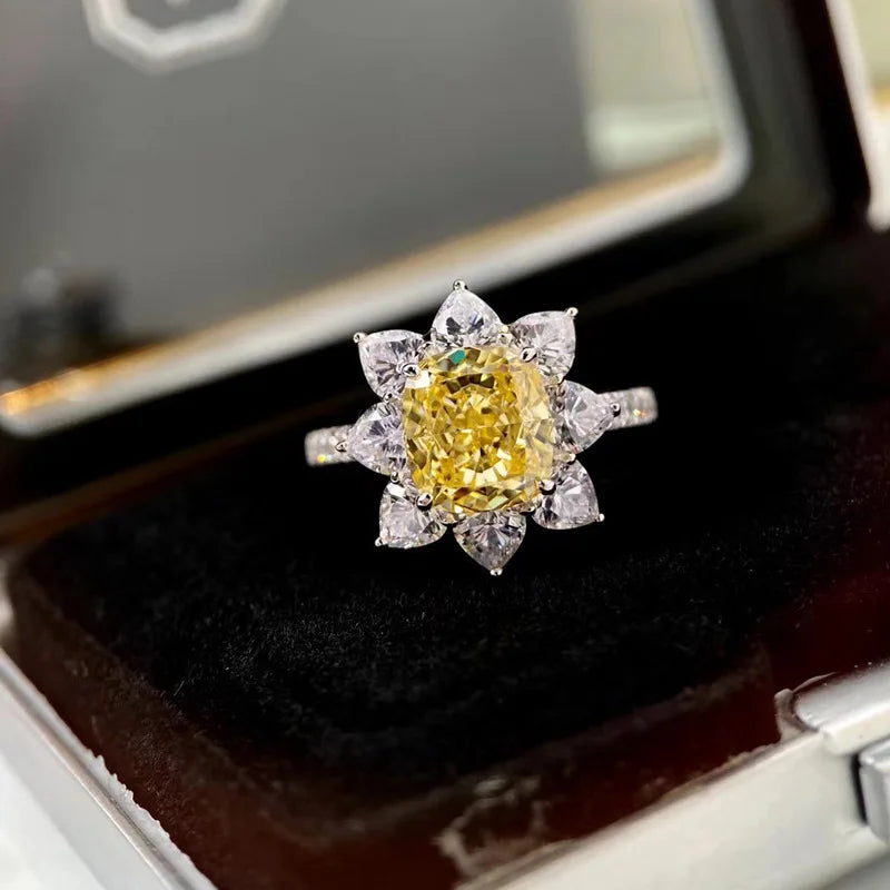 Yellow Cubic Zirconia Sun Flower Finger Ring Silver Wedding Bands Ring