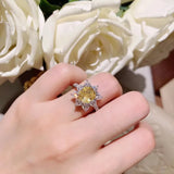 Yellow Cubic Zirconia Sun Flower Finger Ring Silver Wedding Bands Ring