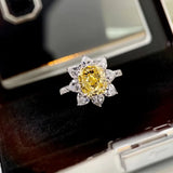 Yellow Cubic Zirconia Sun Flower Finger Ring Silver Wedding Bands Ring