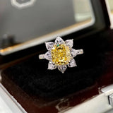 Yellow Cubic Zirconia Sun Flower Finger Ring Silver Wedding Bands Ring
