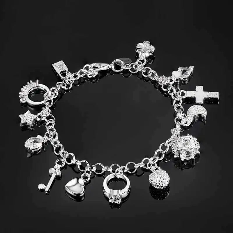 925 Sterling Silver Bracelet with 13 Pendants for Women