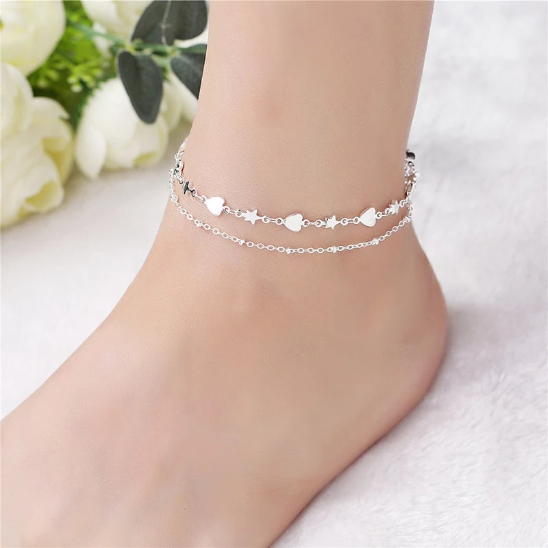 S925 Silver Anklet Heart Foot Chain For Women Girl SB090