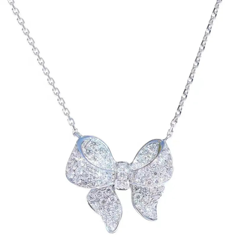 Silver Bow CZ Pendant Necklace Women Girls Party Accessories