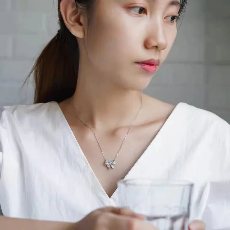 Silver Bow CZ Pendant Necklace Women Girls Party Accessories