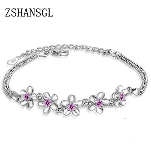 Silver Cherry Blossoms Chain Link Bracelet with CZ Crystal - Mother's Gift
