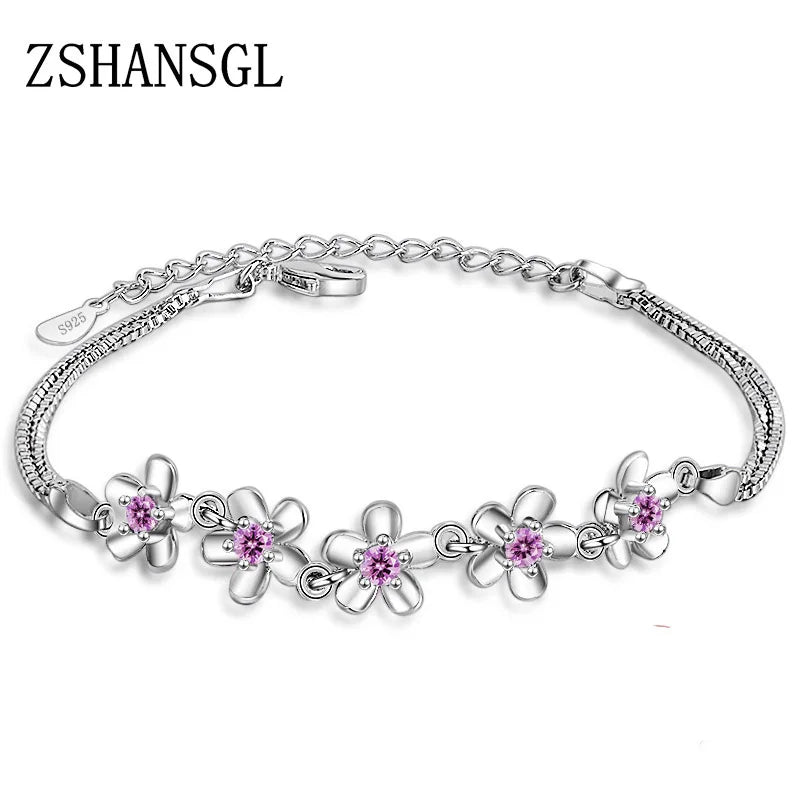 Silver Cherry Blossoms Chain Link Bracelet with CZ Crystal - Mother's Gift