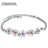 Silver Cherry Blossoms Chain Link Bracelet with CZ Crystal - Mother's Gift