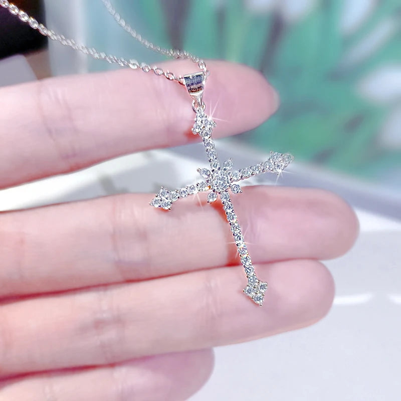 Silver Cross Zircon Pendant Choker Necklace for Women
