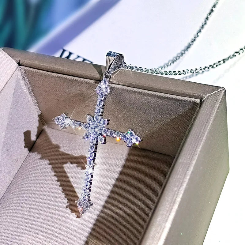 Silver Cross Zircon Pendant Choker Necklace for Women