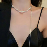 Silver Irregular Pearl Tassel Necklace Long Pulling Adjustable Clavicl