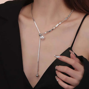 Silver Irregular Pearl Tassel Necklace Long Pulling Adjustable Clavicl