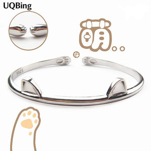 Silver Cat Cuff Bangle for Women - Animal Wrist Jewelry