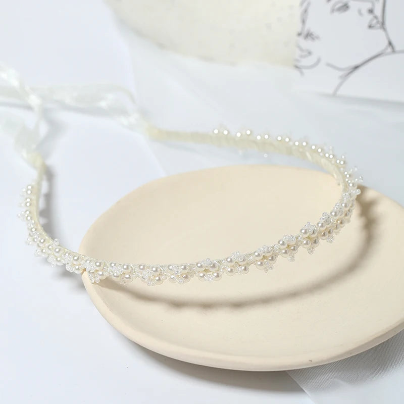 Silver Pearl Headband Wedding Hair Accessories Ribbon Headpiece Flower