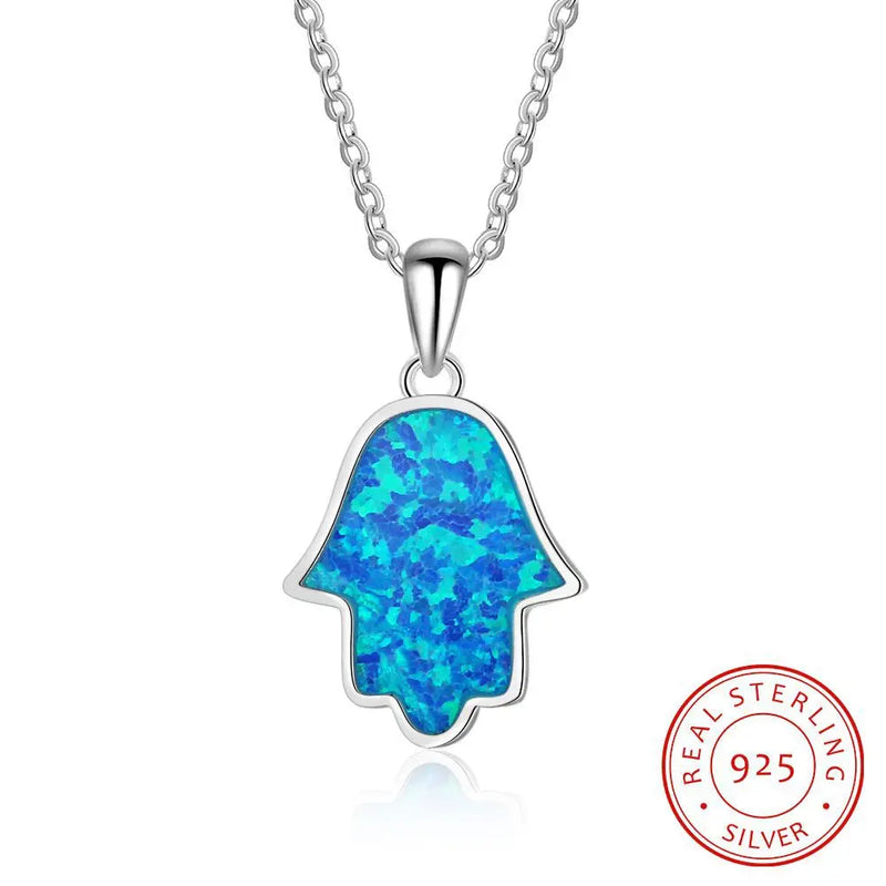 925 Silver Hamsa Fire Opal Necklace for Women