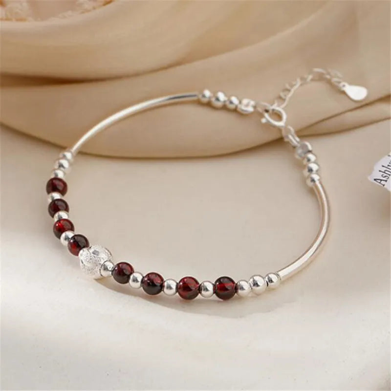 Silver Plated Red Round Bead Charm Bracelet for Women Valentines Gift Wedding