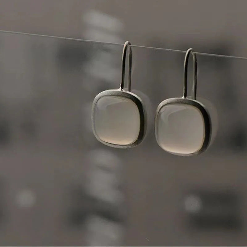 Silvery Stone Square Clip Earrings Women's Fine Jewelry S92
